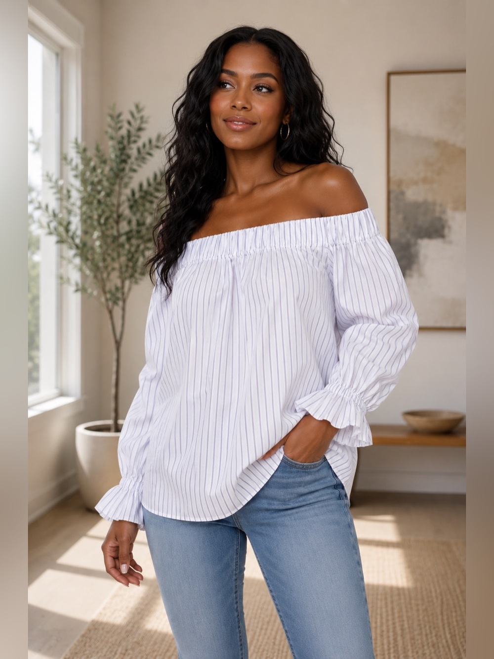 NEW HARSHMAN Gruner Off-Shoulder Blouse - Lavender Stripes - Size 3X